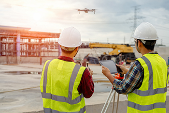 construction workers flying drone
